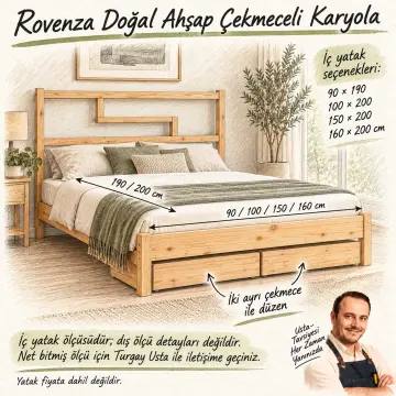 Rovenza Doğal Ahşap Çekmeceli Karyola