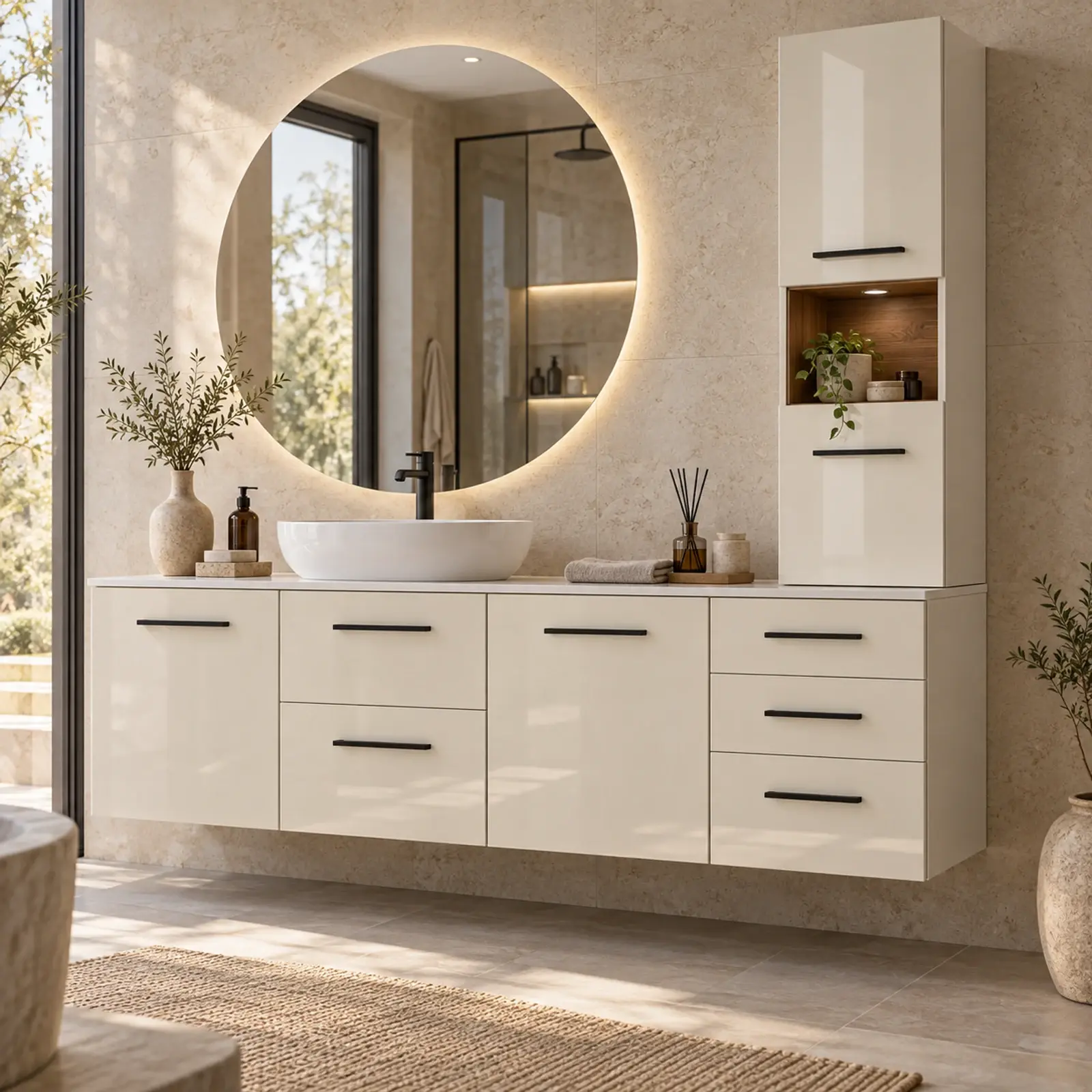 Sorevya High Gloss Sağ Üst Dolaplı Beş Çekmeceli Banyo Dolabı 160 cm
