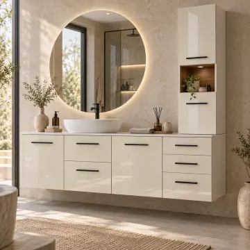 Sorevya High Gloss Sağ Üst Dolaplı Beş Çekmeceli Banyo Dolabı 160 cm