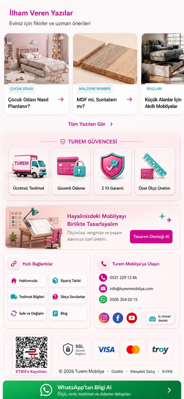Turem Mobilya blog, güvence, tasarım desteği, hızlı bağlantılar, iletişim ve ödeme bilgileri