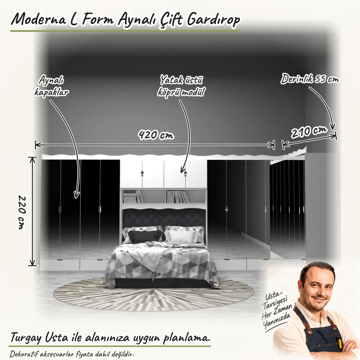 Moderna L Form Aynalı Çift Gardırop Turgay Usta ölçülü eskiz
